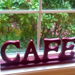 EUC painted 7” tall 19” long two sided wooded Maison Cafe sign brick red decor